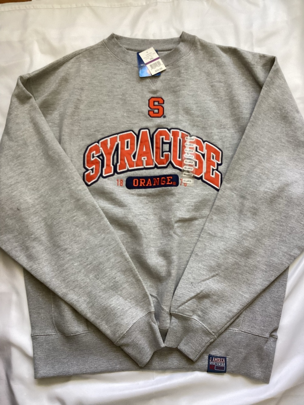 Men’s Gray Crewneck Sweatshirt by J. America with Orange Syracuse Logo, Size XXL